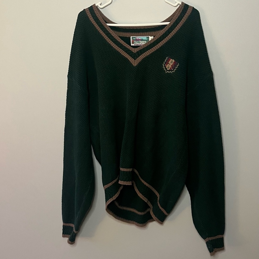 Vintage/retro Oversized boyfriend style green deep v-neck sweater, unisex